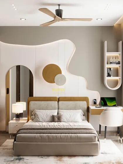 Another angle of the kids' bedroom with the wave-like panel. This view shows the arched mirror that serves as a dressing area, a clever space-saving solution for a cozy room.
