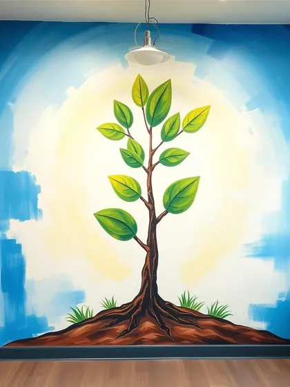 This mural uses the powerful symbol of a rooted tree to represent a company's strong foundation and upward growth. It's a popular theme for businesses looking to visualize their journey and aspirations, creating a positive and forward-looking environment.
