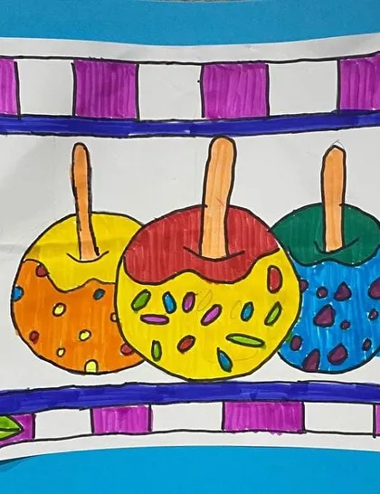 A very neat and colorful drawing of candy apples, framed with a bold purple and white striped border. This shows a great sense of design and composition.