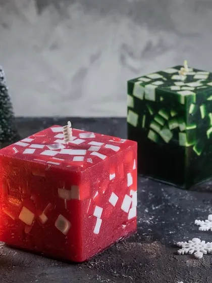 My tie-dye cube candles in holiday colors! The red and green chunks create a fun, modern, and festive look.