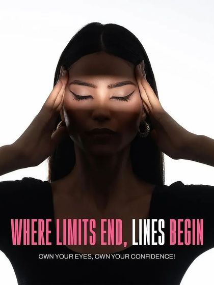 A creative and dramatic model shot for an eyeliner campaign. We used a sliver of light to highlight the model's eyes and the precise eyeliner wing, with the tagline "Where limits end, lines begin" to create a powerful message.