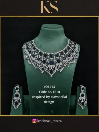 A stunning sapphire blue version of the Hazoorilal-inspired set. This deep, rich color is perfect for a grand evening event.