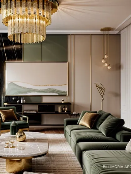 This living room is a study in sophisticated comfort, where a rich palette of sage green and gold creates a warm and inviting atmosphere. We combined plush velvet sofas, a statement marble coffee table, and a dramatic chandelier to craft a space that is both luxurious and perfect for family gatherings.