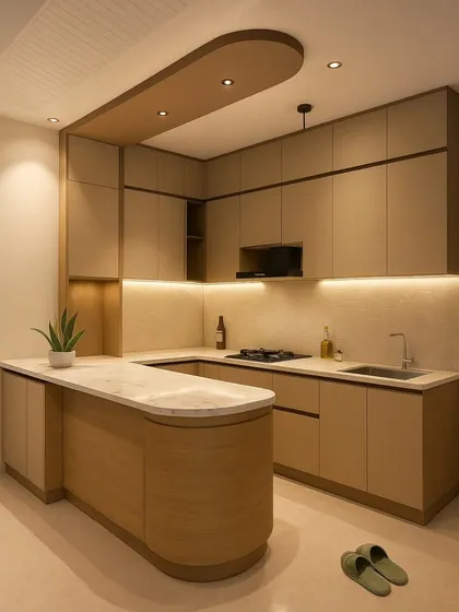 This is a 3D concept for a modern modular kitchen, designed with sleek beige cabinets, under-cabinet LED lighting, and a unique curved peninsula island that softens the space and adds a breakfast counter.