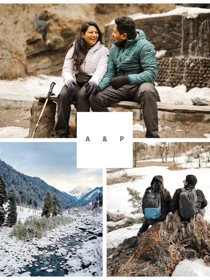 A collage telling the story of an adventurous couple's pre-wedding trek in the snowy landscapes of Manali.