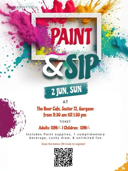 A poster for our Paint & Sip event at The Beer Cafe, designed to grab attention with a colorful splash of powder paint.