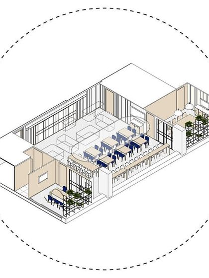 A detailed axonometric drawing of the dining area in 'The Office with A View'. This plan shows the layout of the main dining space, private dining rooms, and the window-side planter shelves.