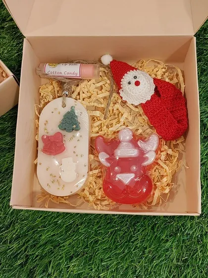 Another view of the Christmas hamper, showing how beautifully the handmade items are arranged for gifting.
