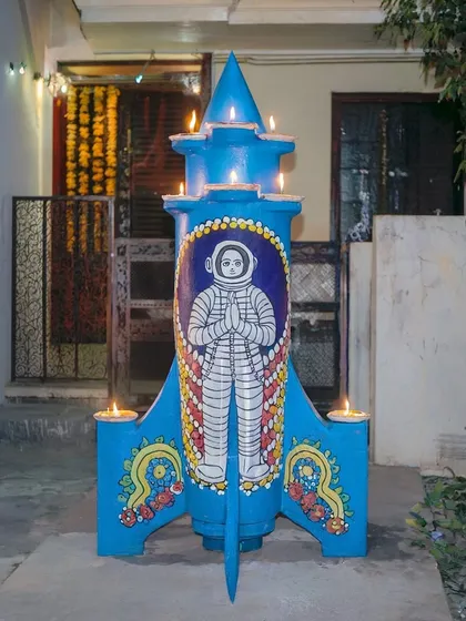 A blue version of the 'Rocketganj' Diwali shrine, showing how different households might customize their own symbols of faith.