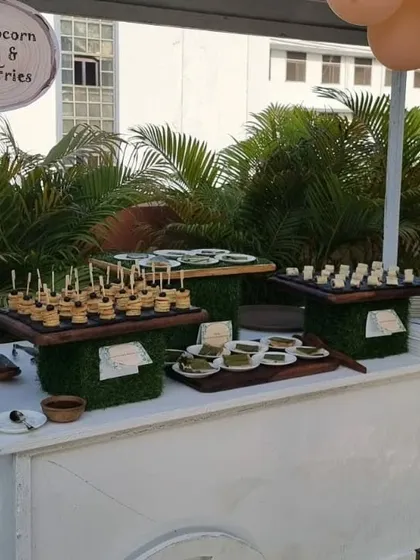 Another view of our food cart, set up for a "Wild & Free" themed first birthday party. It's a great focal point for serving kid-friendly snacks.