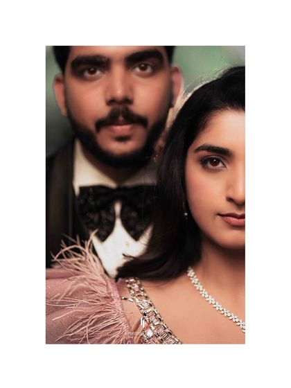 A creative, half-and-half portrait of the bride and groom, showcasing their intense connection.