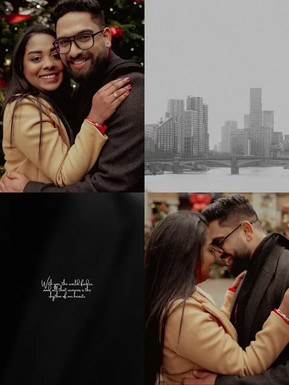A collection of romantic moments from a Christmas pre-wedding session in London, capturing the couple's love against the city's festive skyline.