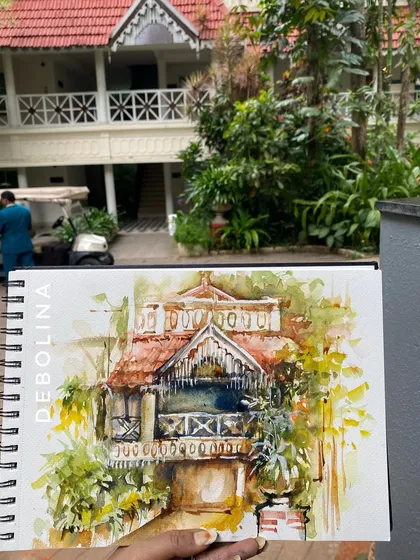 The finished watercolor sketch of a vintage-style house, painted on-site. Plein air painting allows me to capture the immediate light, color, and atmosphere of a place.