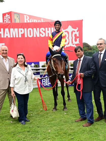The winning team of 'Fynbos' after clinching The Benaka Developers Fillies Championship Stakes.