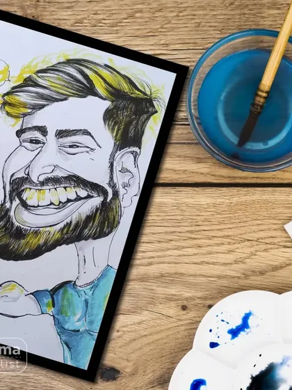 "Hello ladies!" A cheeky caricature of a gym enthusiast, complete with a confident smile and dumbbells. This piece is all about capturing a fun and playful personality.
