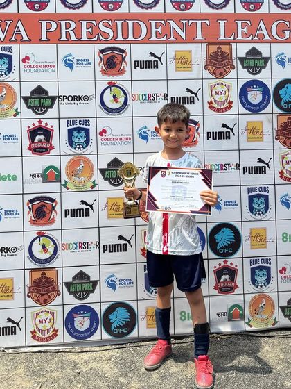 Shivatva with his 'Player of the Match' award for his great performance and crucial saves as a goalkeeper.