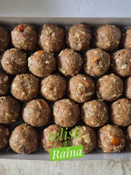 A close-up of the Methi Laddoos, showing the texture from the various wholesome ingredients.