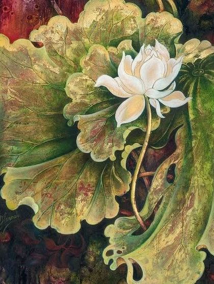 An elegant oil painting of a lotus flower, highlighting the smooth blending and depth that can be achieved with this medium.