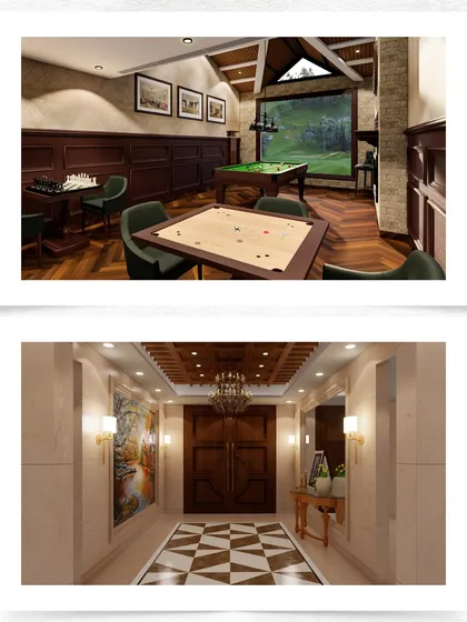 Design concepts for the recreation and entrance areas at ITC Narkanda. The top image shows a games room with chess and carrom, while the bottom shows the ornate lobby corridor.