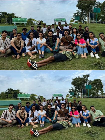 Relaxing on the grass at a park in Coorg. Our trips include moments of leisure to just sit back and chat with new friends.