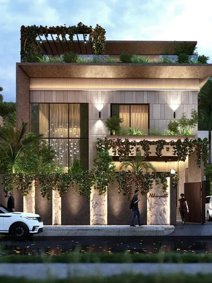 Another view of the 'Abhivyakti' residence in Lucknow. The design emphasizes a strong connection to nature, with a rooftop pergola and climbing plants that soften the modern architectural lines and create a living, breathing facade.