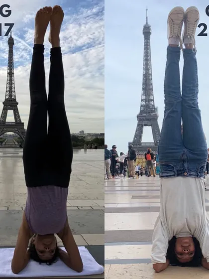 This is me, five years apart, in the same place, holding the same headstand. The ease in the second photo is a direct result of years of consistent practice, showing that progress is a long term journey.