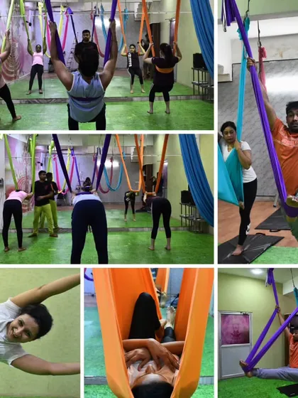 Strength in suspension, peace in the pose. This collage highlights the community aspect of our studio, with students of all levels practicing together and supporting one another.