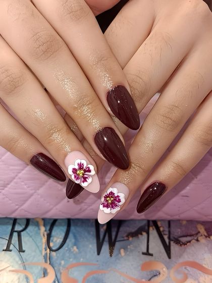 I'm obsessed with how these deep wine tones and 3D floral details turned out. The contrast between the glossy dark base and the delicate sculpted flower makes for a truly stunning look.