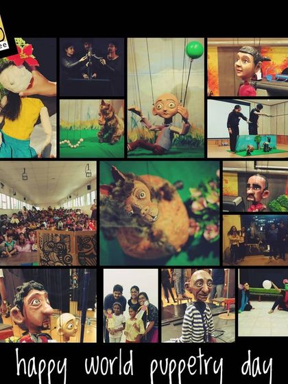 A collage celebrating World Puppetry Day. It features many of our beloved puppets, scenes from shows, and the happy faces of our audience members over the years.