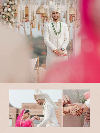 A collage of moments from a beautiful wedding, including the groom's anticipation and the couple's first look.