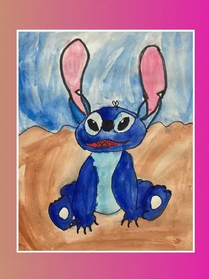 A cute painting of Stitch from Lilo & Stitch. Drawing cartoon characters is a great way for kids to practice shapes, expressions, and colors.