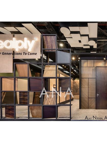 A close-up of the tiered veneer display at the Realply '23 booth. The design allows for a high density of samples to be shown in an organized and aesthetically pleasing manner.