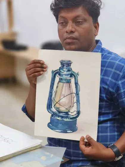 Our courses are led by experienced professional artists like Sushil Pawar. Here, he demonstrates how to capture the form and texture of a vintage lantern using watercolors, providing direct feedback and sharing techniques that come from years of professional practice.