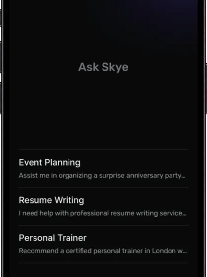 the starting point of a conversational ui. this 'ask skye' screen prompts the user with suggestions like event planning or resume writing, guiding them into a natural language search to find services.