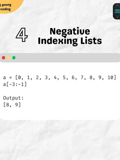 This example explains negative indexing in Python lists, which allows you to access elements from the end of the list. It's a handy feature for more flexible data access.