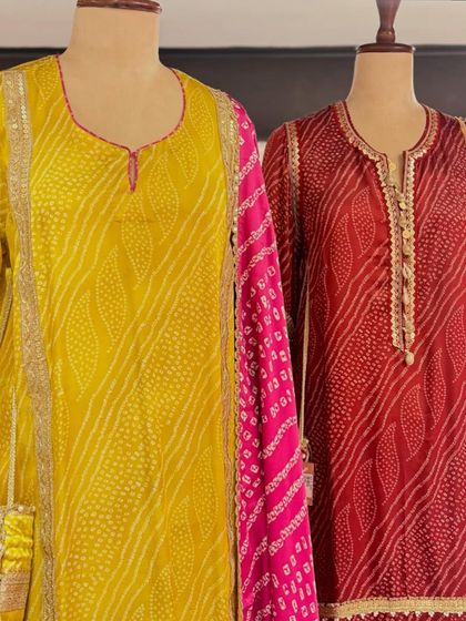 A close-up of the yellow and red printed kurta sets, highlighting the lightweight fabric and festive patterns.