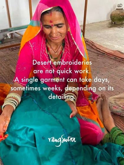 We want you to meet the hands and hearts behind our creations. Our brand is owned by a community of artisans, like this woman from Western Rajasthan, who pour generations of skill and resilience into every piece, keeping desert embroidery traditions alive.