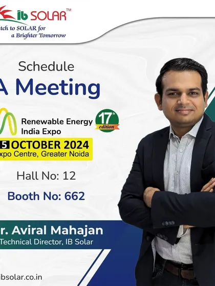 An invitation to meet our Technical Director, Mr. Aviral Mahajan, at the Renewable Energy India Expo. His technical expertise is central to our mission of delivering high-performance solar solutions.