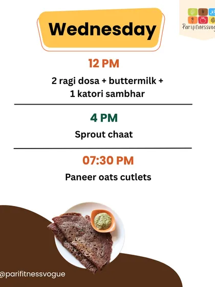 Wednesday's meals include ragi dosa and sprout chaat, designed to keep you full and nourished while fasting.