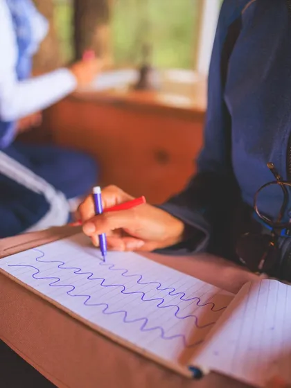 A moment of journaling and reflection during the Sthiram retreat. We use guided prompts to deepen our self-enquiry.