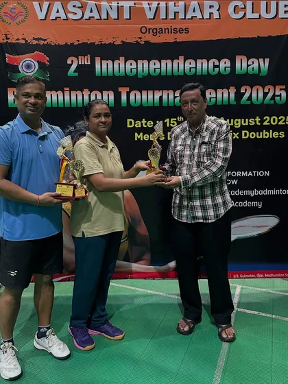 Runners-up of the B Group Mixed Doubles, Kiran K and Swati, recognized for their consistent performance.