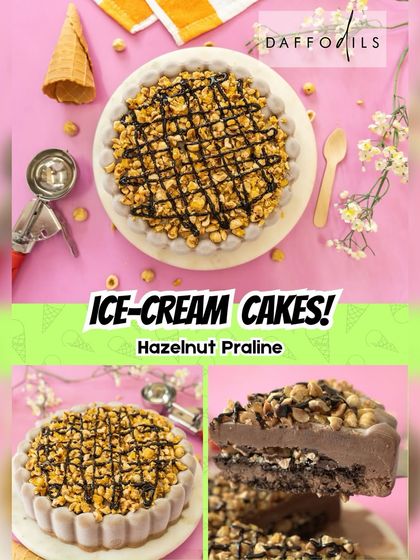 My Hazelnut Praline Ice Cream Cake is a perfect blend of creamy and nutty goodness. It features layers of sumptuous hazelnut praline ice cream, moist chocolate sponge, and an abundance of crunchy praline hazelnuts.
