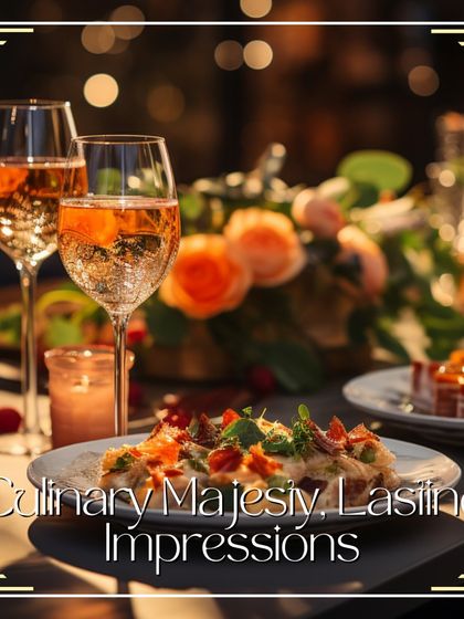 I aim for culinary majesty and lasting impressions. This image captures a fine-dining experience with elegantly plated food, wine, and beautiful floral centerpieces, showcasing the sophisticated atmosphere I can create.