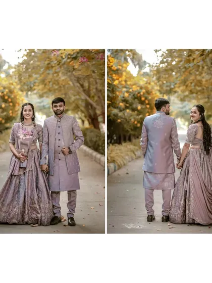 A classic diptych showing both a formal pose and a candid moment. This gives you a variety of shots, from the traditional portrait to a more relaxed, behind-the-scenes feel.