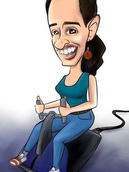 A close-up of the fitness-themed caricature, showing the fun details of the drawing.