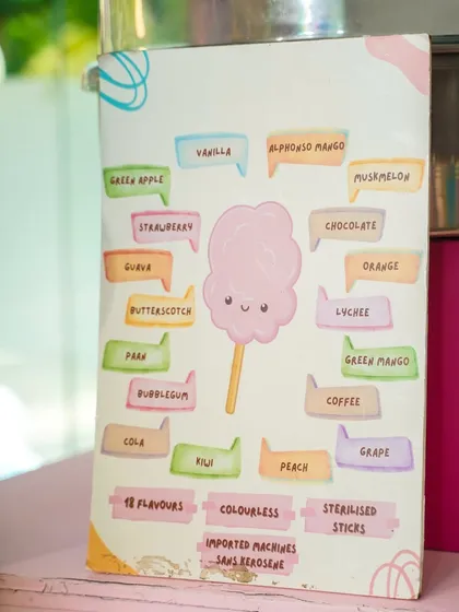 Our extensive cotton candy flavor menu, offering everything from Green Apple and Cola to classic Vanilla and Strawberry.