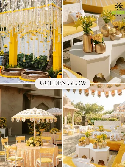 A "Golden Glow" Haldi theme, featuring elegant yellow and white decor, traditional umbrellas, and brass vases.