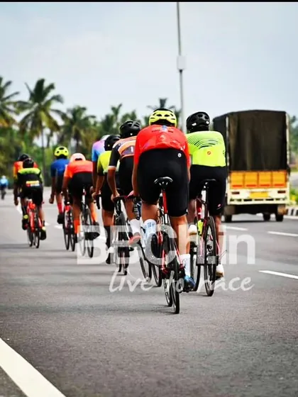 The elite peloton from behind, showing the long line of riders.