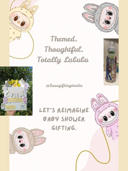 Reimagining baby shower gifting with a trendy Labubu theme, featuring custom printables and a themed baby bottle.