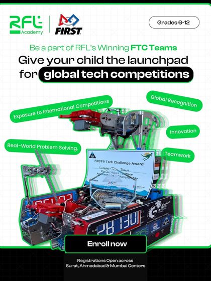 An enrollment graphic for our winning FTC teams, highlighting the benefits of global recognition, innovation, and real-world problem-solving. It serves as a launchpad for international tech competitions.
